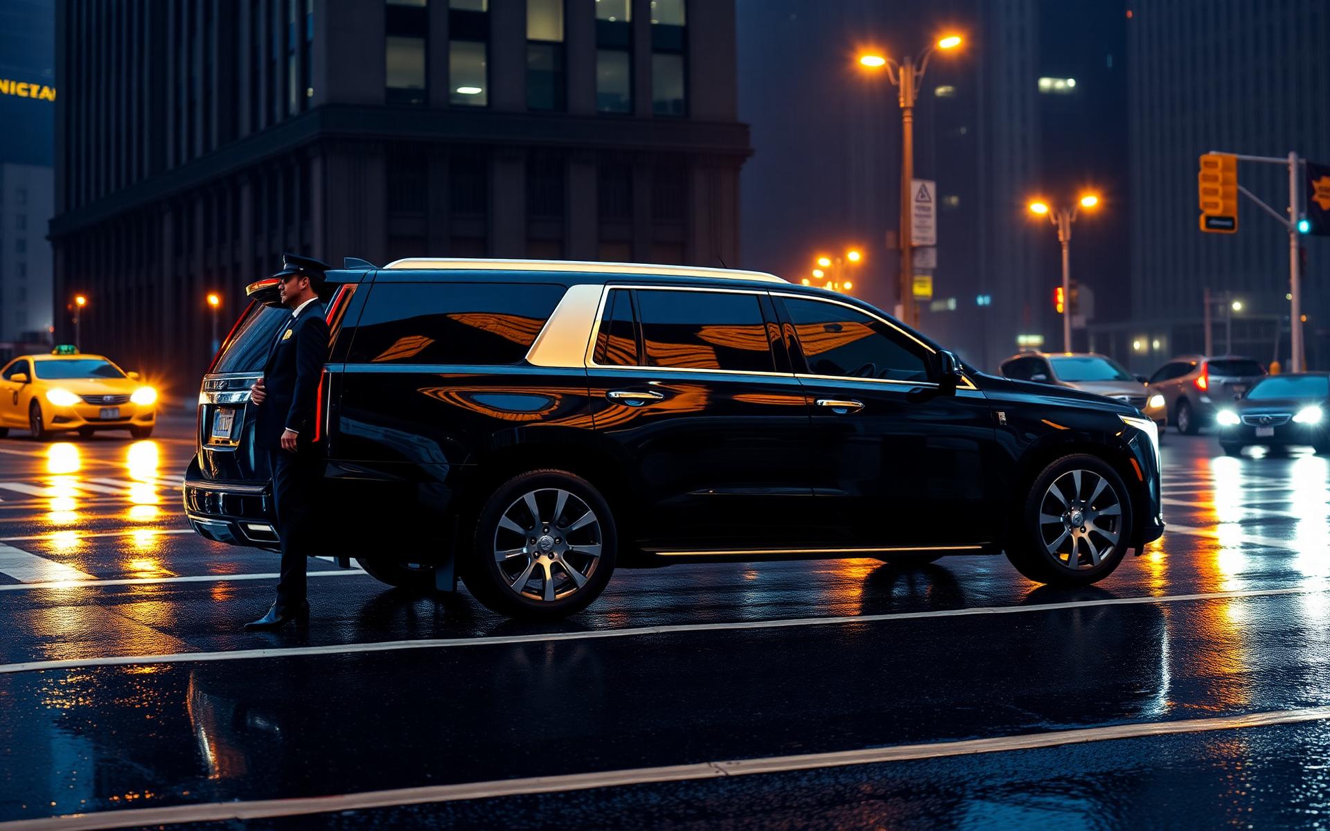 Black luxury SUV with a professional chauffeur on a Manhattan street